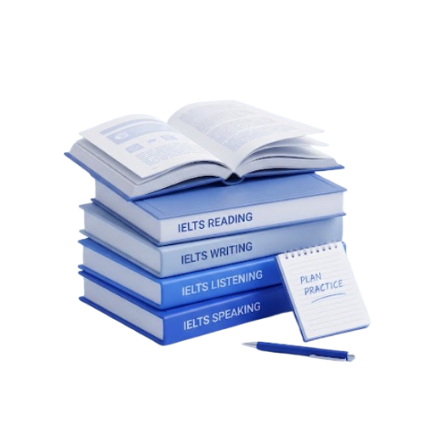 Stack of practice books and a study plan notepad